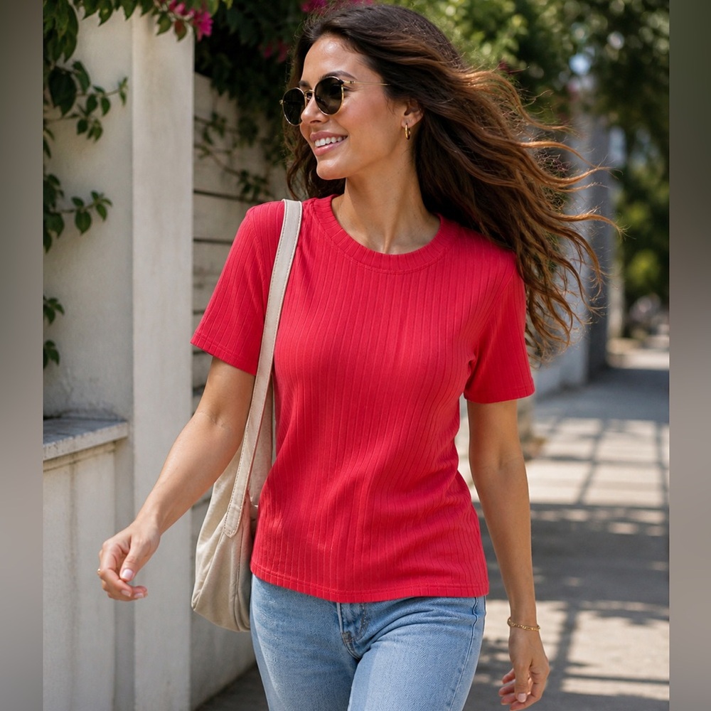 Liz & Lilli Pullover Tunic Top Sz S Ribbed Material | Short Sleeves Coral Color